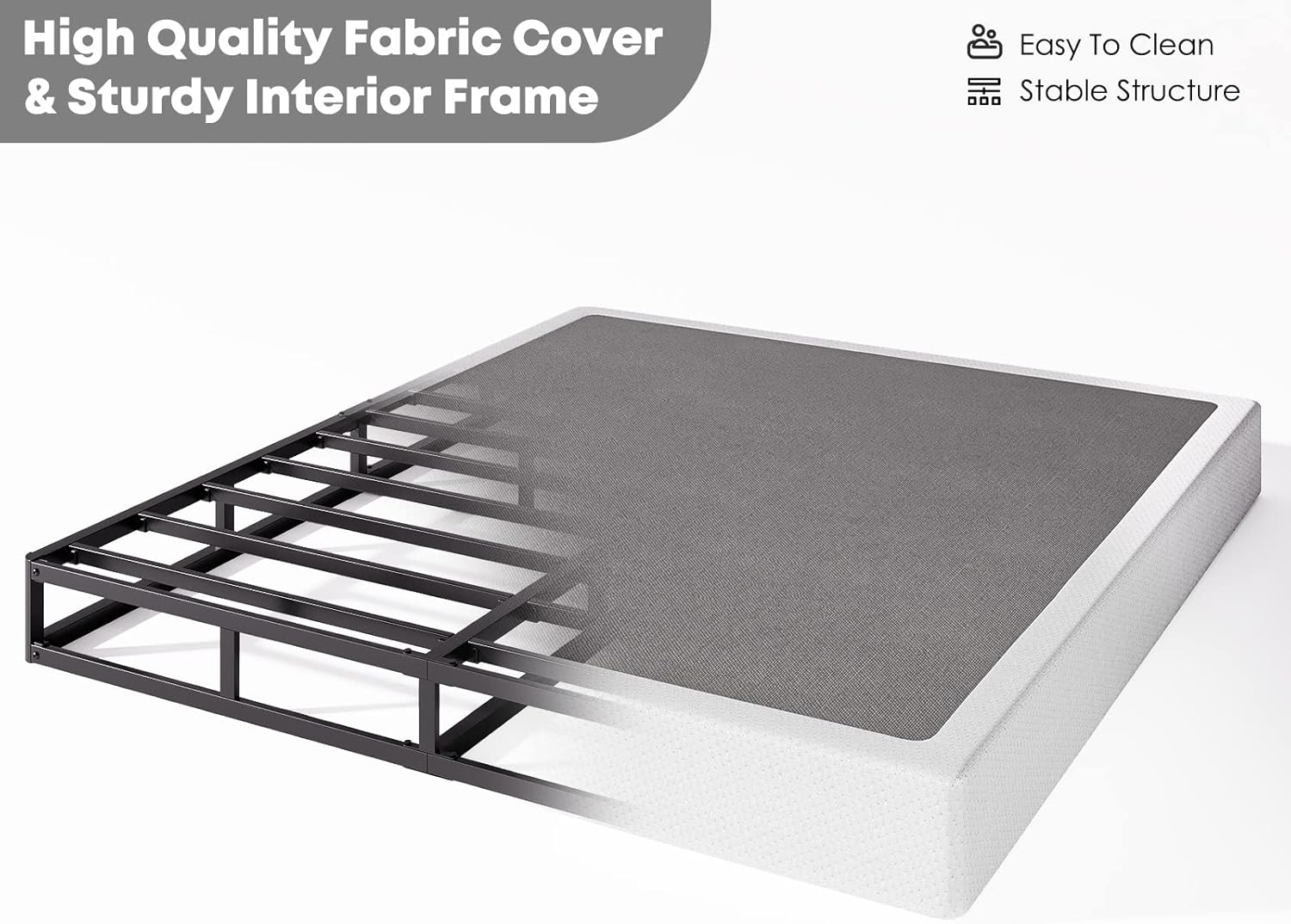5 inch Low Profile Queen-Size Box-Spring Only, Heavy Duty Metal with Fabric Cover, Easy Assembly, Non Slip, Noise Free